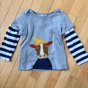 Mini Boden Gray Shirt with Cow and Striped Sleeves 2T